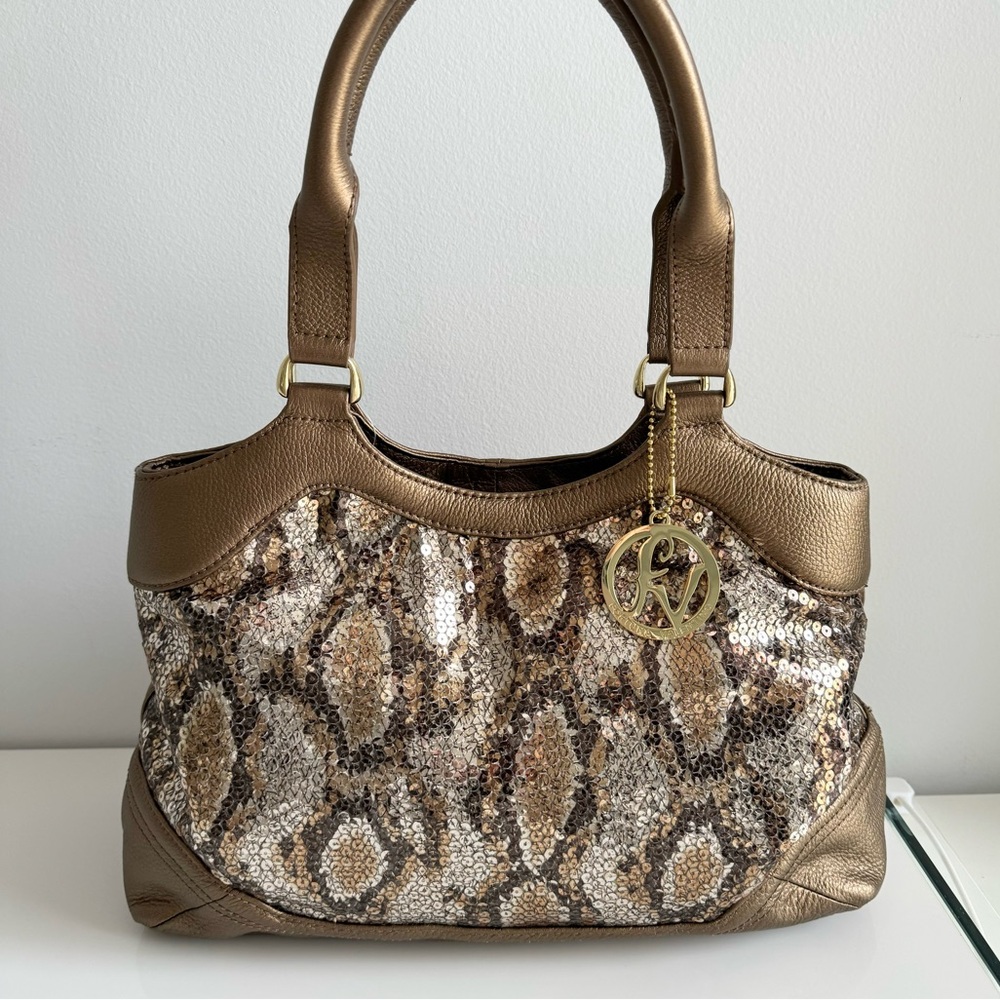 NWOT Valentino Fortuna Genuine Leather Bronze Gold Snakeskin Sequins Satchel Bag